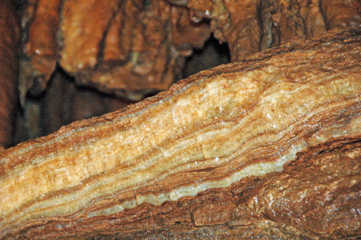 Coupe d'une stalagmite montrant les couches de calcite utilisées pour la datation uranium-thorium