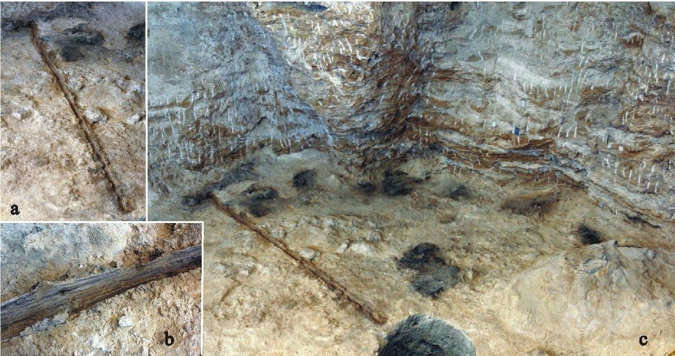 Excavation photographs showing hearths and the impression of a long wooden pole in level N at the Abric Romaní