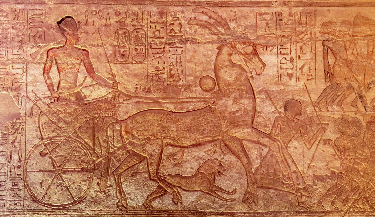 Bas-relief of Ramesses II in his war chariot, Abu Simbel temple