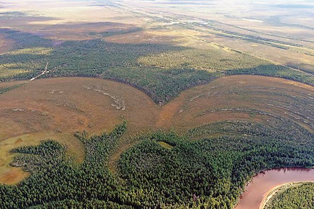 Aerial view of the Amnya promontory overlooking the river in western Siberia