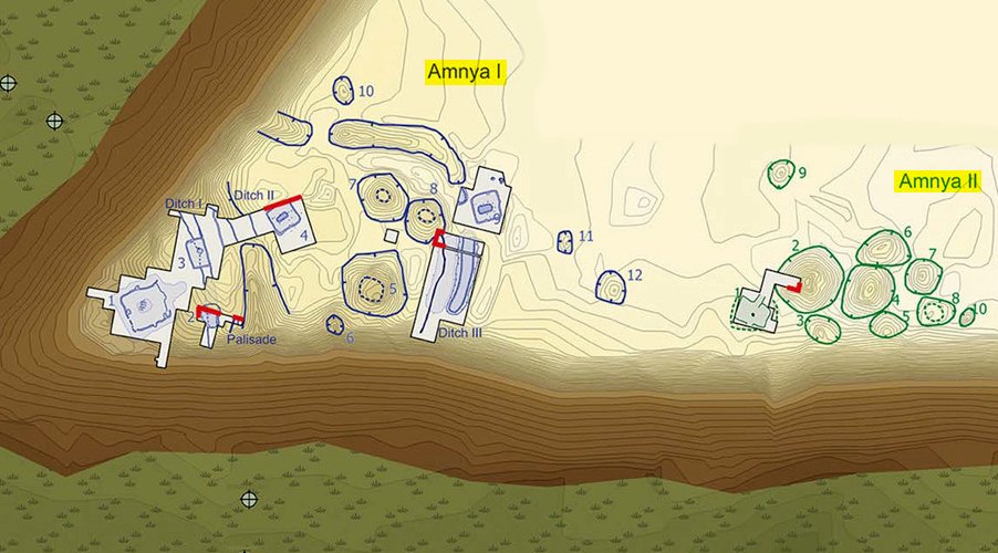 Overall plan of the Amnya I and II sites with identified defensive structures