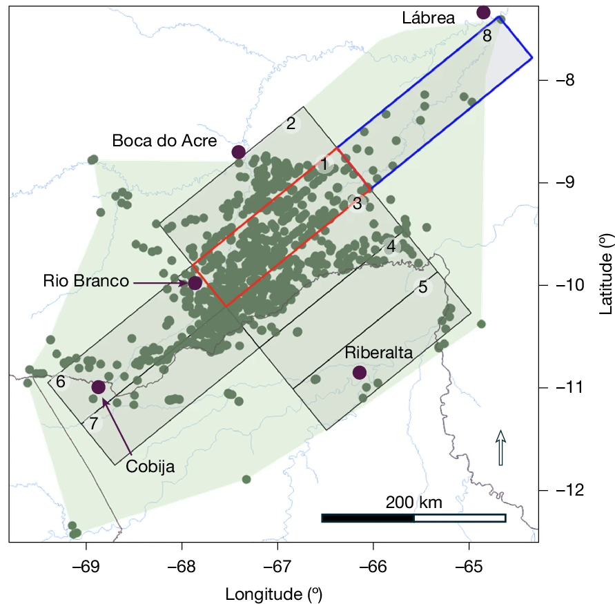Distribution map of geoglyphs of the Aquiry civilization in western Amazonia