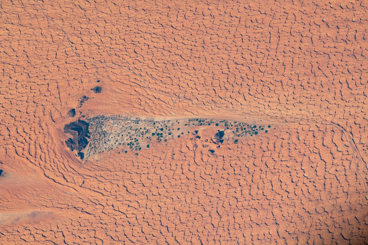 Satellite view from the ISS of Jubbah and the Nefud Desert, Saudi Arabia
