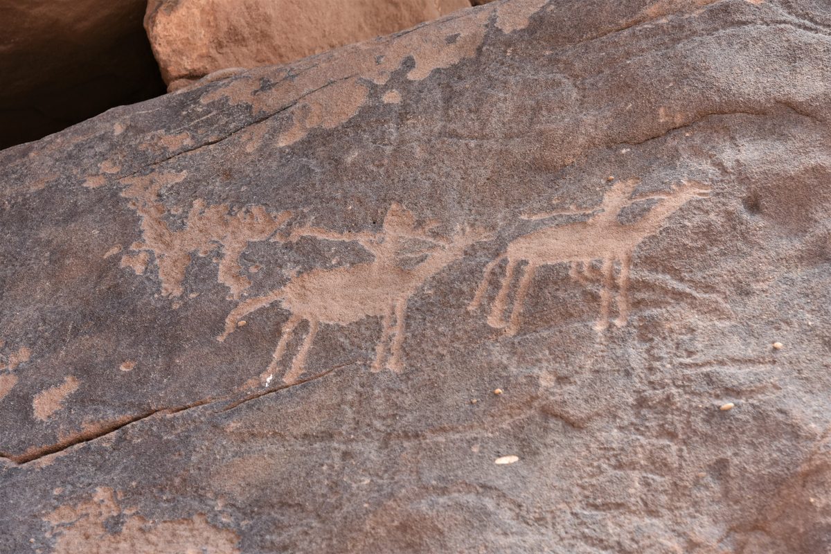 Rock art engravings of armed warriors at Jubbah, Saudi Arabia