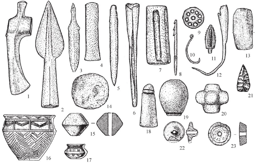 Sintashta culture artefacts, bronze jewellery and tools