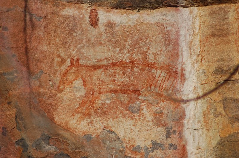 Rock art depicting a thylacine (Tasmanian tiger) at Ubirr, Kakadu