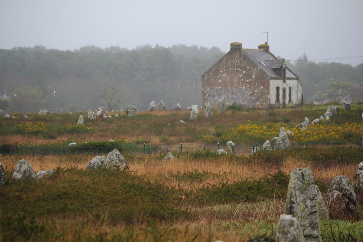 Rows of standing stones at Carnac stretching across the Breton heathland