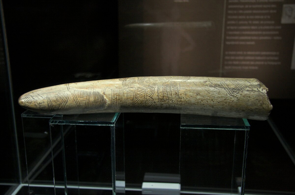 Gravettian mammoth tusk engraving representing a map