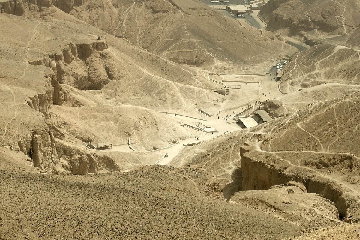 Aerial view of the Valley of the Kings in the Theban mountain near Luxor, with paths and tomb entrances