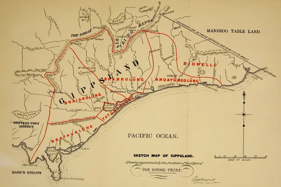 Carte du Gippsland montrant la distribution des clans de la tribu Kurnai, XIXe siecle - domaine public