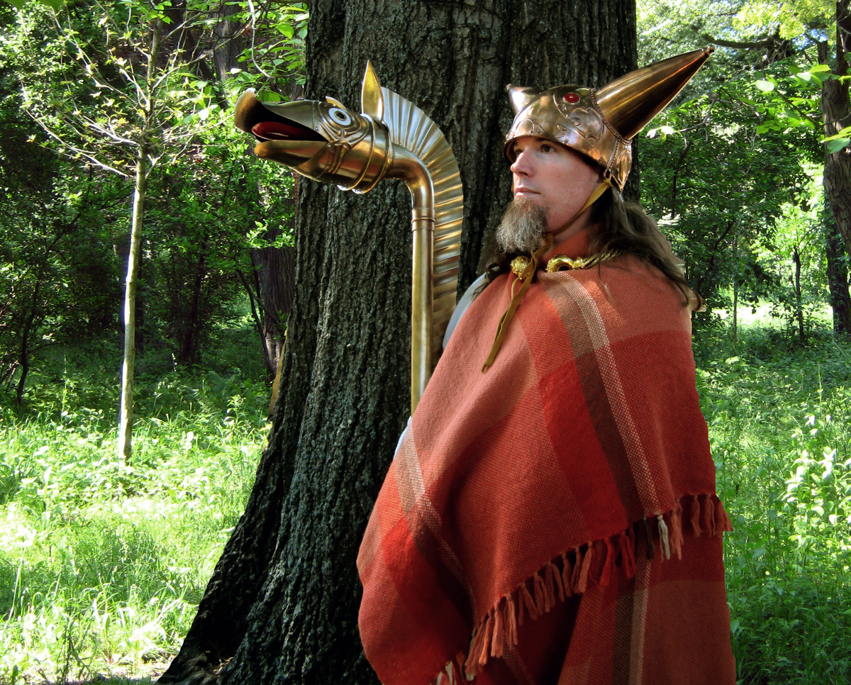 Reconstruction of a Celtic warrior with a carnyx, the Celtic bronze war horn