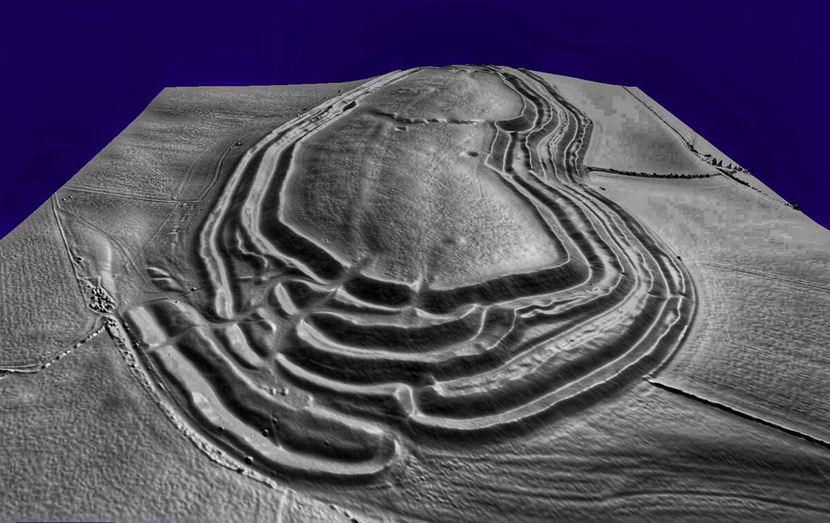 Vue LiDAR du relief d'un site fortifié, fossés et talus révélés sous la végétation
