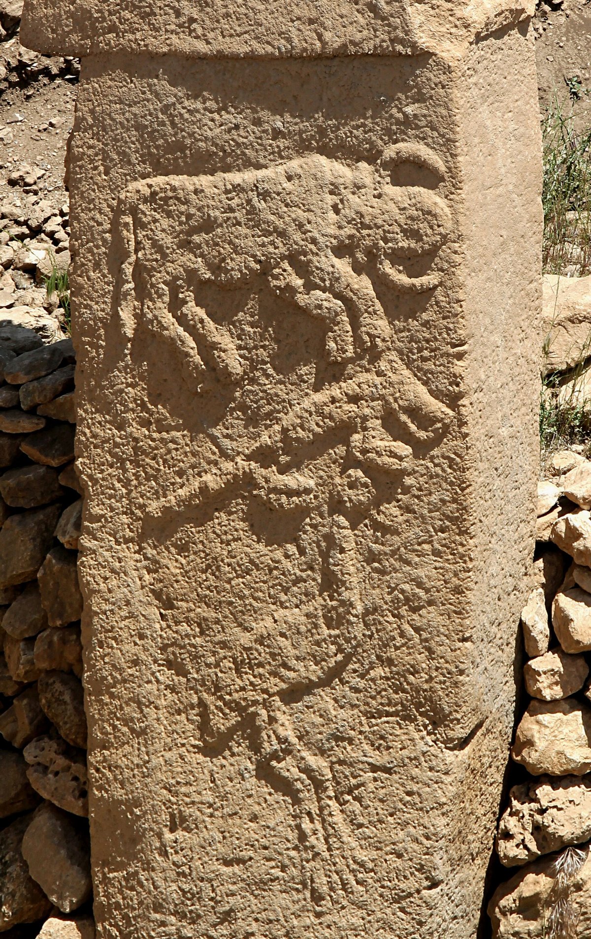 Pilier de Göbekli Tepe couvert de reliefs animaliers superposés : oiseaux, scorpion, serpent