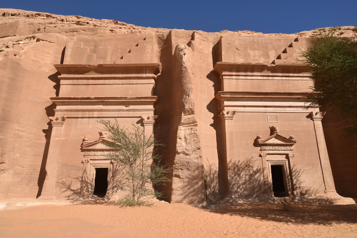 Two well-preserved Nabataean tombs at the Qasr al-Bint necropolis, Hegra