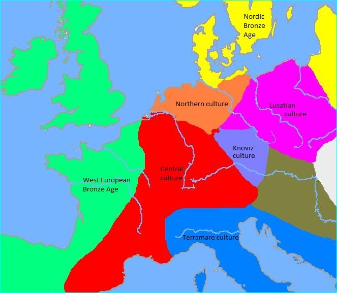 Carte simplifiee de la culture des champs d'urnes en Europe centrale, vers 1200 av. J.-C.