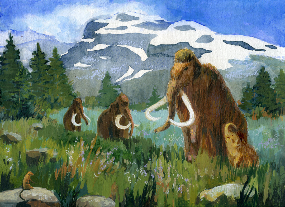 Artistic reconstruction of a herd of woolly mammoths in a glacial landscape