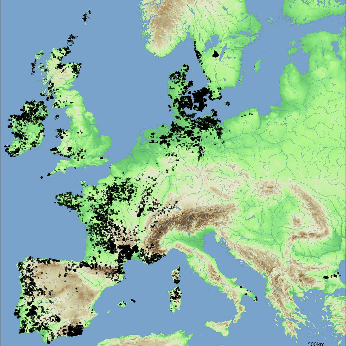 Distribution map of megaliths in Atlantic Europe, Müller et al. 2019