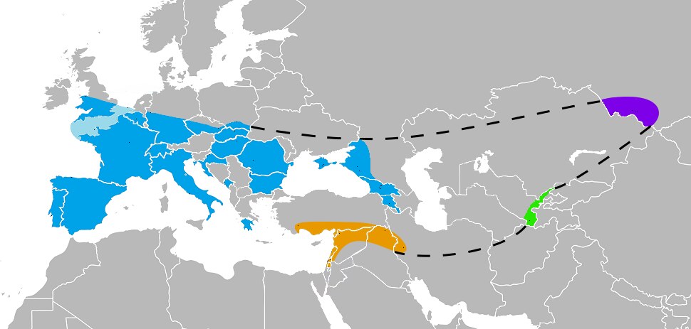 Carte de l'aire de repartition des Neanderthaliens en Europe et en Asie de l'Ouest