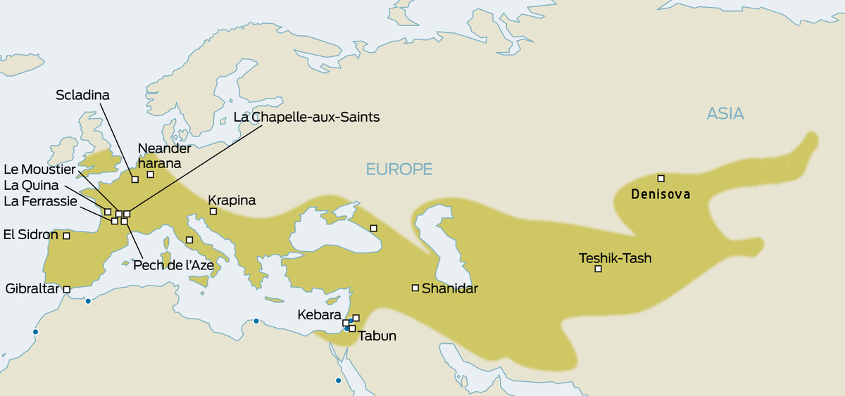 Carte de la distribution géographique des Néanderthaliens en Europe et au Proche-Orient