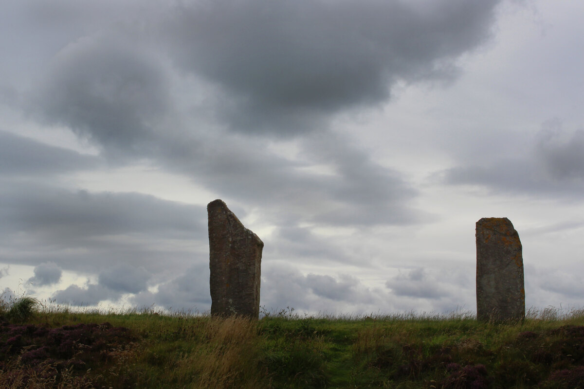 Stone circle of the Ring of Brodgar in a moorland landscape in Orkney