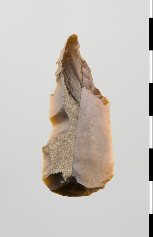 Palaeolithic flint tool, combined awl and scraper