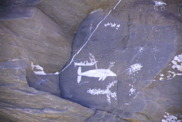 Gravure blanche sur roche sombre représentant une baleine poursuivie par des chasseurs