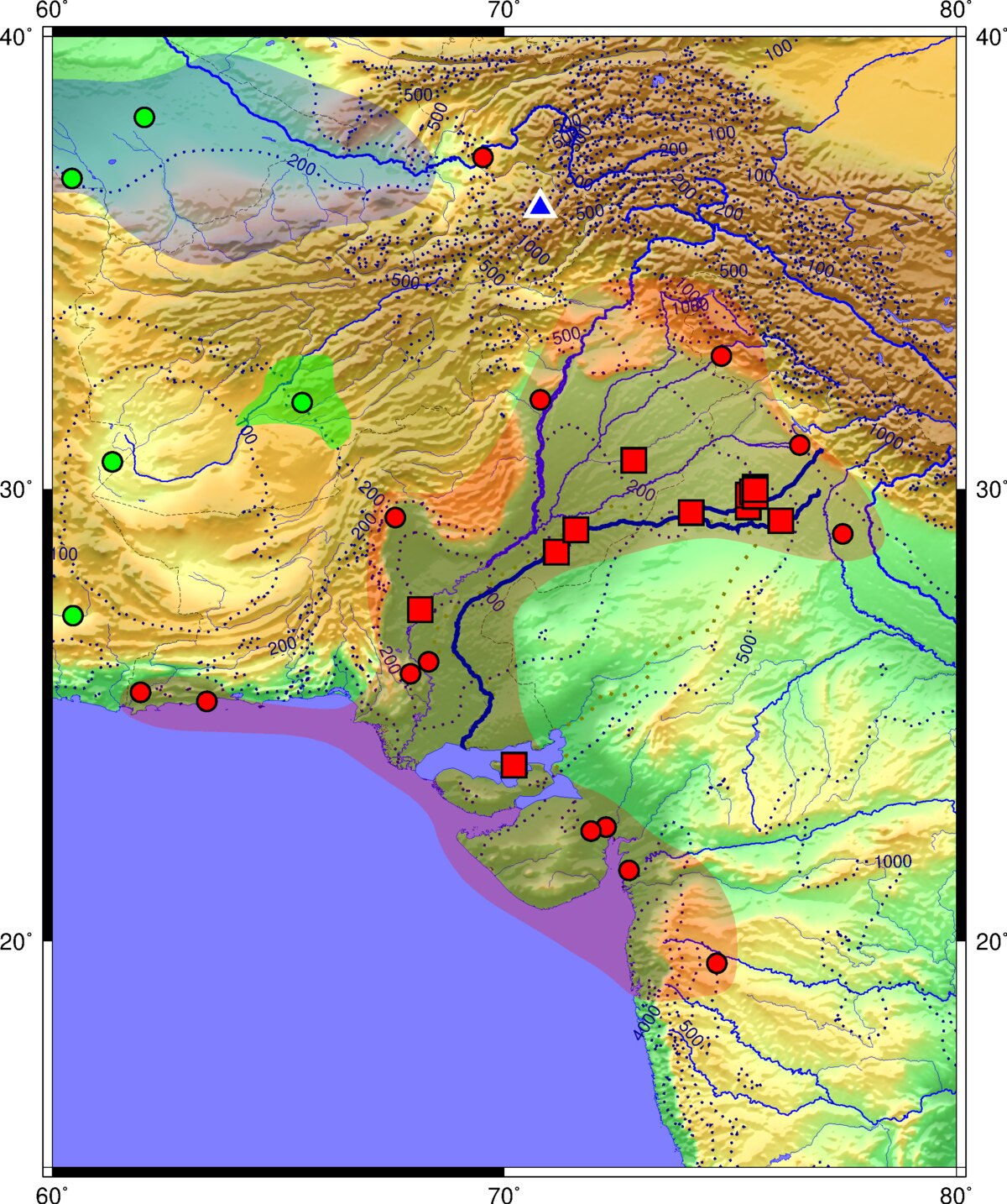 Carte de l'aire de la civilisation de l'Indus et de ses principaux sites