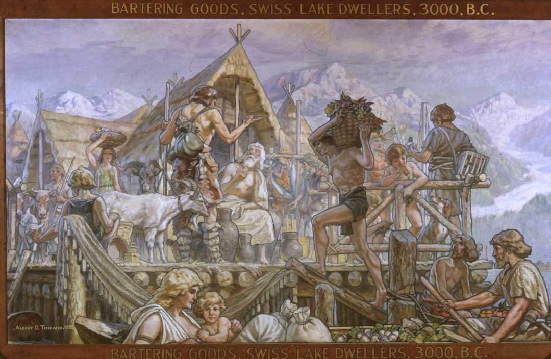 Reconstitution artistique d'une scène d'échange dans un village lacustre suisse vers 3000 avant notre ère