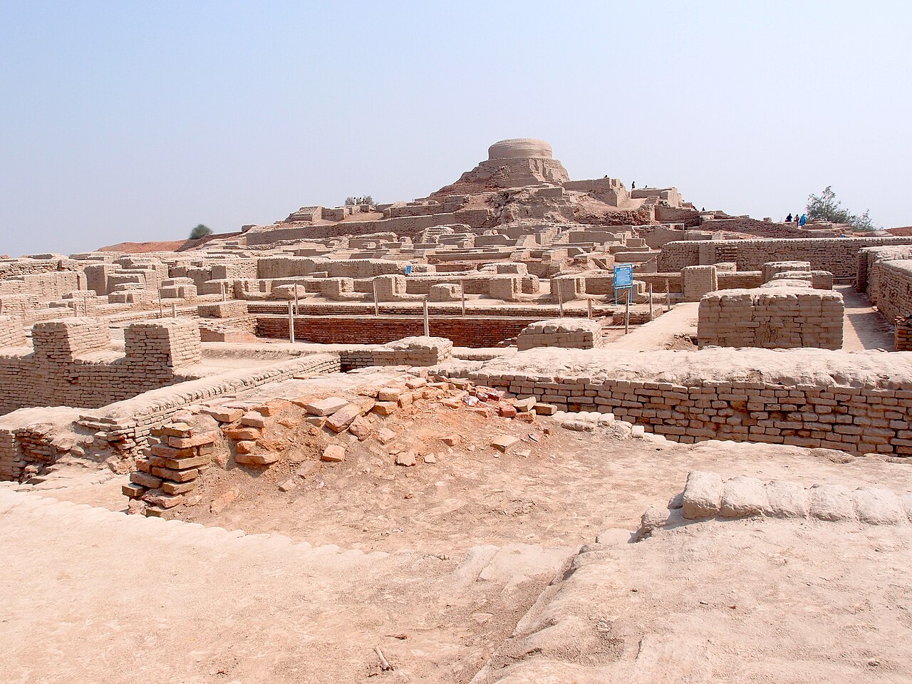General view of the Mohenjo-daro archaeological site, Pakistan — the Buddhist stupa mound in the background